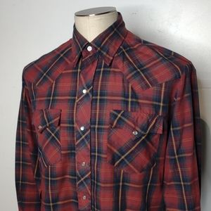 Authentic Western Wear Pearl Snap Long Sleeve Shirt Red Blue Plaid 16 34/35